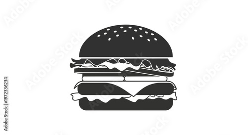 Delicious burger illustration with sesame seeds and layers of ingredients.