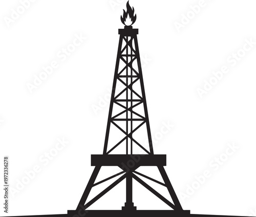 Black and white silhouette of an oil derrick drilling rig with a burning flame at the isolated on a white background, representing energy extraction and industrial infrastructure