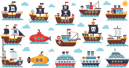 Flat vector illustration set of pirate ships submarines and cruise boats with cute cartoon characters sailing on ocean waves for children nursery and nautical design