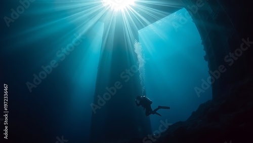 caisson. A deep-sea diver working near a large underwater structure with sun rays. safety posters, maintenance manuals, designed for precision metalworking and fabrication facilities.
