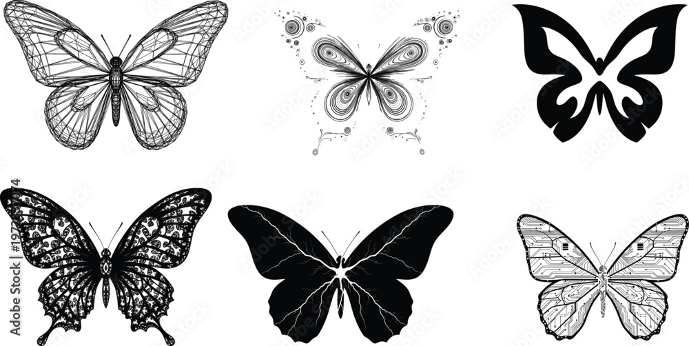 Obraz premium A black and white pattern featuring numerous butterflies in various sizes and orientations creating a delicate design