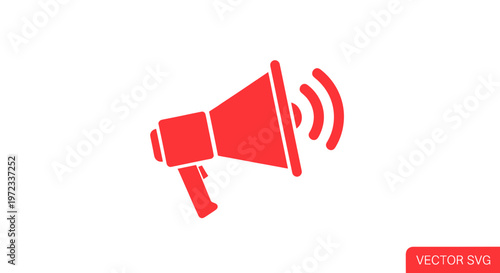 Red Megaphone Icon with Sound Waves, Announcing, Alert, Communication Symbol