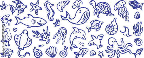 Whimsical doodle collection an assortment of hand drawn marine life and underwater creatures