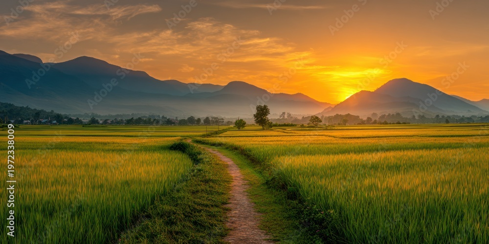Fototapeta premium Scenic sunset view over fields and mountains dirt path leading to horizon