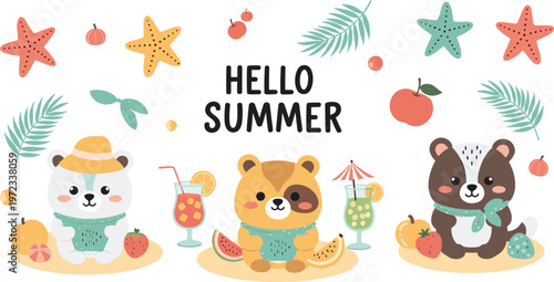 Flat vector illustration set of cute bear characters enjoying summer beach vacations with cocktails fruits and starfish for nursery stickers and seasonal children design