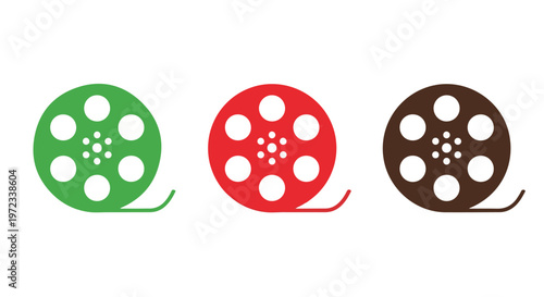 Three colorful film reels in green, red, and brown with film strips unwinding against a white background