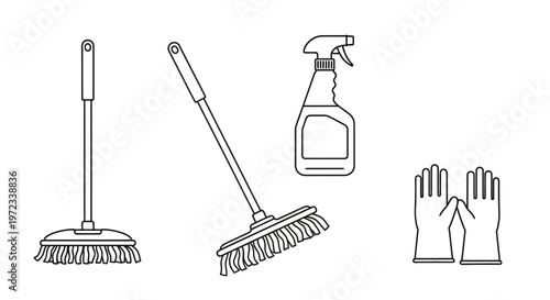 Cleaning Supplies: Mop Spray Bottle and Gloves for Housekeeping.