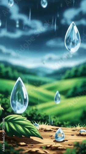 Lush Green Rolling Hills Landscape Under Overcast Sky with Soft Rain Animated Scenery