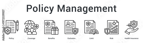 Policy management banner web icon outlines coverage terms, benefits, exclusions and risk limits for insurance contracts.