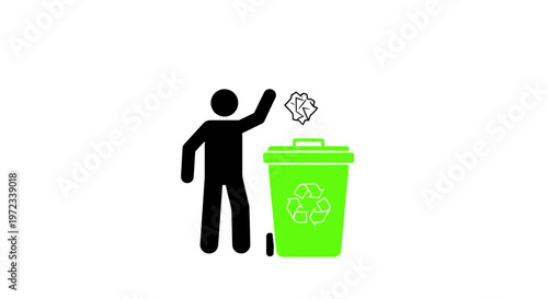 Person discarding crumpled paper into green recycling bin with recycle symbol