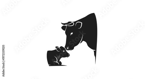 Mother cow nuzzles calf, silhouette, farm animal love, gentle interaction