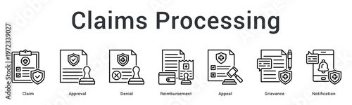 Claims processing banner web icon manages approval, denial and appeal procedures with notification and reimbursement tracking.