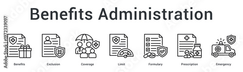 Benefits administration banner web icon manages covered services, exclusions, formulary drugs and emergency care limits.