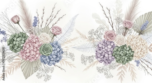 Soft Pastel Floral Arrangement Hydrangeas Roses Pampas Grass Delicate Botanical Design on White