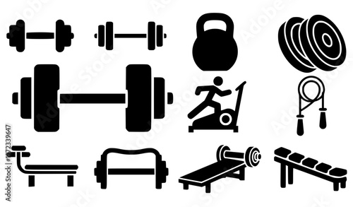 Gym fitness silhouette icons black and white vector set with workout equipment symbols