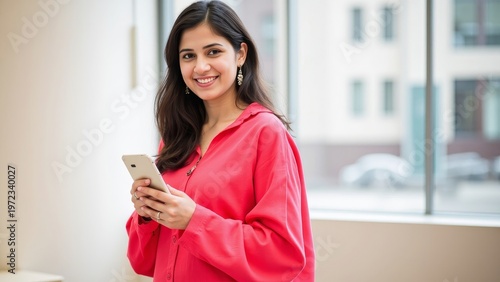 Young female professional with a confident smile, using her smartphone in an office setting.