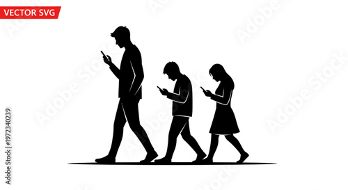 Generational evolution of smartphone addiction, silhouettes walking with phones