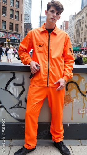 A young man in an orange safety jumpsuit poses for the camera on a busy city street. He is standing against a brick wall with graffiti, creating a cool urban backdrop.