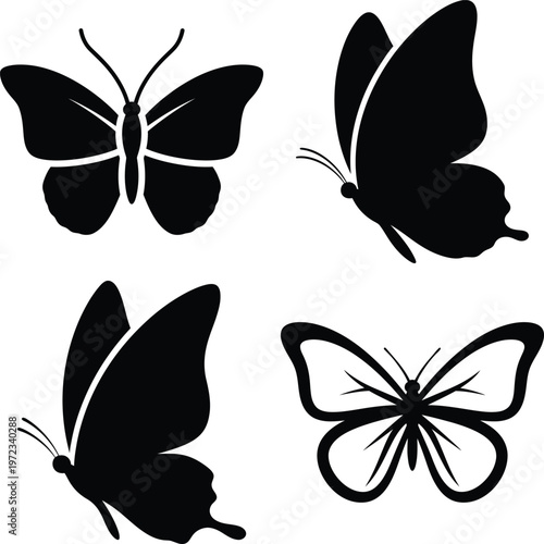 Four black butterfly silhouettes in different poses on white background insect