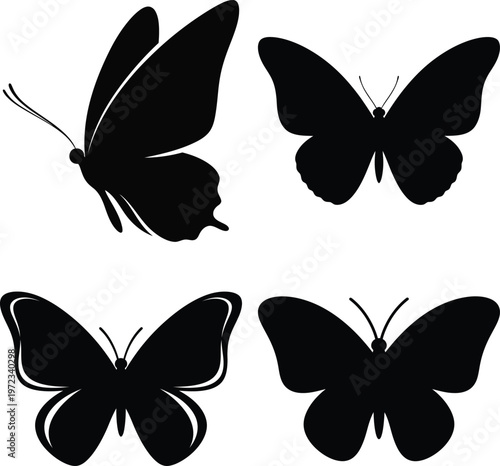 Four black butterfly silhouettes in different poses and styles insect flying