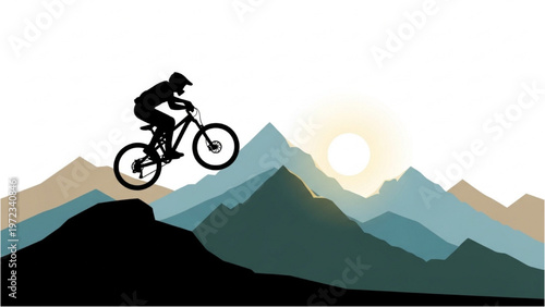 Mountain biker performs vector CAD design stunt on bike at sunset