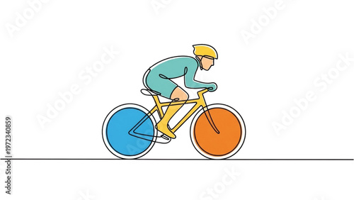 Cyclist rides bike in vector CAD design style on road