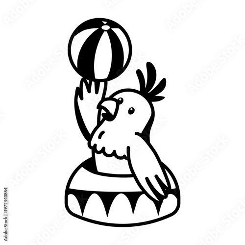 A glyph style icon depicting a bird balancing ball  