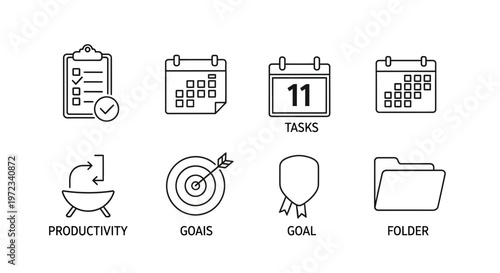 Icons representing tasks goals productivity and organization for planning and achievement.