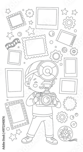 Cartoon Photographer Boy with Camera, Flash, Film Reels, and Photo Frames