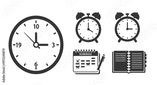 Time Management Icons: Clock Alarm Calendar and Notebook.