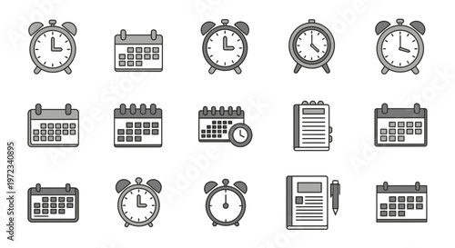 Collection of Time Management Icons: Clocks and Calendars.