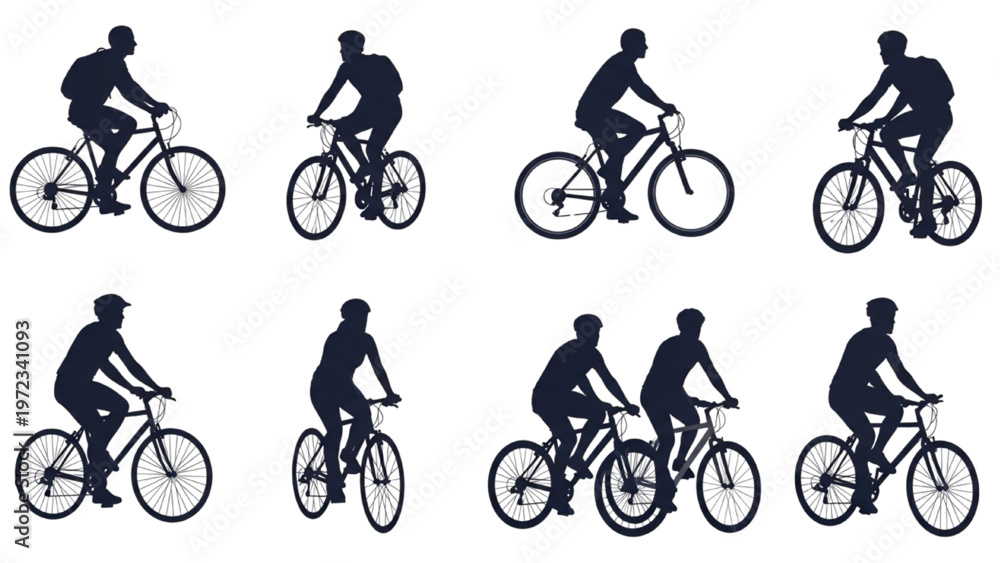 Obraz premium Vector CAD design of cyclists riding bicycles in various positions