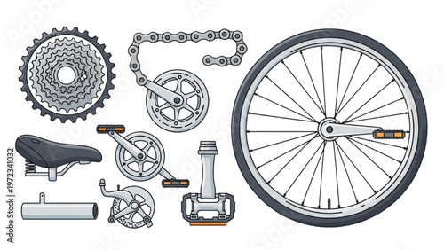 Vector CAD design of bicycle parts in a detailed illustration