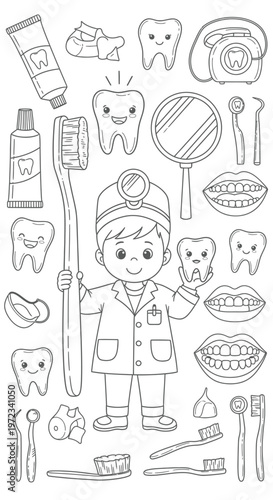 Cute Cartoon Dentist and Dental Care Icons - Vector Line Art