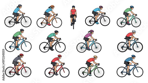 Vector CAD design of cyclists in motion vector graphics