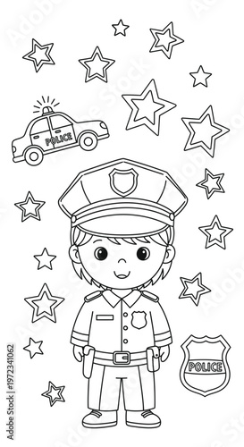Cute Cartoon Police Officer with Car and Stars, Coloring Page