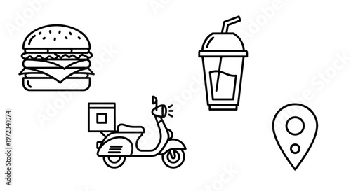 Food Delivery Icons: Burger Drink Scooter and Location Pin.