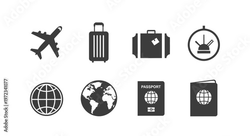 Collection of Travel Icons Including Airplane Suitcase Globe and Passport.