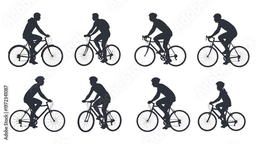 Vector CAD design of cyclists in various poses on bicycles
