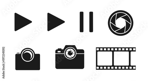 Collection of black and white media player and camera icons.