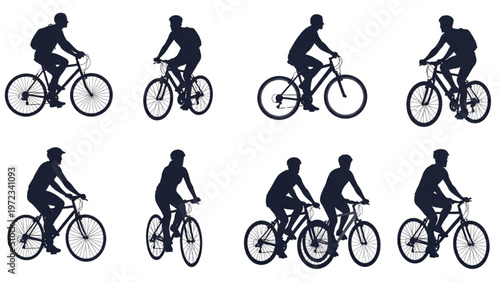 Vector CAD design of cyclists riding bicycles in various positions