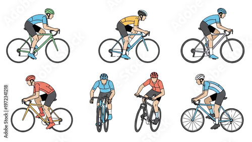 Cyclists in motion with vector CAD design on bicycles outdoors