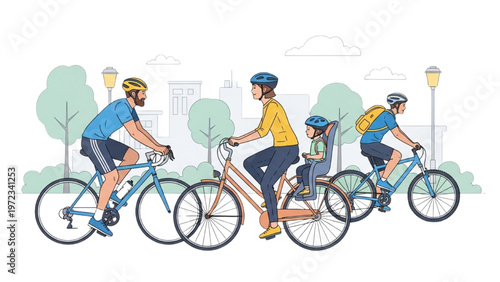 Cyclists riding vector bikes in city park with CAD design