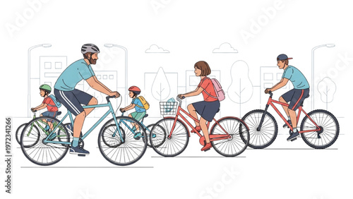 Family rides bicycles through urban vector CAD design streets