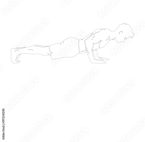 Minimalist line art vector of man doing pushups, fitness exercise illustration, male athlete performing push-up workout, bodyweight training icon