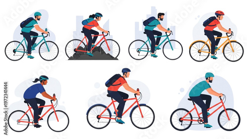 Vector CAD design of cyclists riding bicycles in various poses and colors outdoors freely
