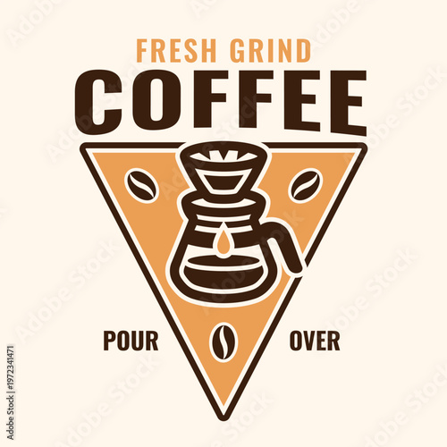 Color coffee pour over emblem with dripper and kettle. Modern vector badge perfect for cafe branding, specialty coffee shops and menu design