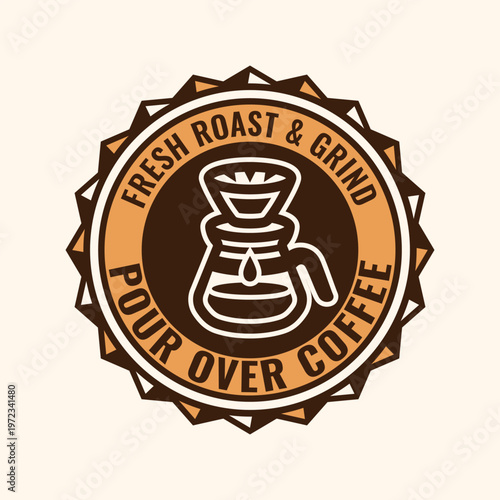 Bright coffee brewing emblem with pour over dripper in color. Clean vector badge ideal for cafe branding and coffee packaging