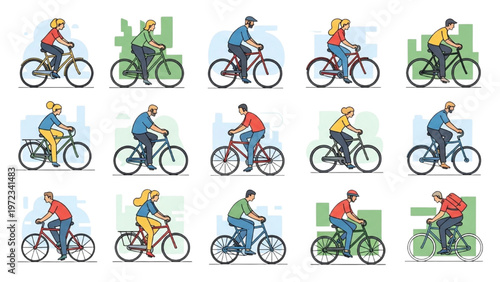 People riding bicycles in vector CAD design illustrations