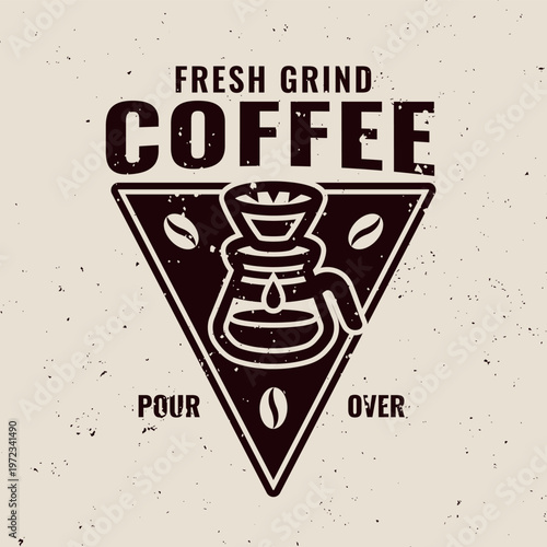 Retro coffee dripper emblem in black textured engraving style. Vintage vector badge ideal for barista branding, cafe and artisan coffee themes